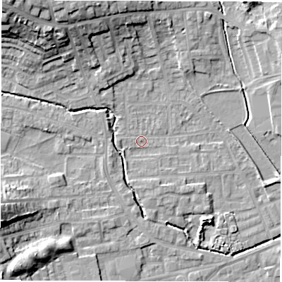 Shaded relief map of the ground around WF29QE, computed from Environment Agency LiDAR. The ground here sits at about 30 m above sea level and falls 22 m across the surrounding 800 m. Surface water reaching this point runs off ground lying to the west-south-west, 1.5 m higher.