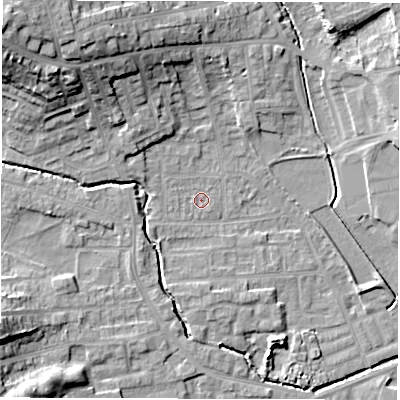 Shaded relief map of the ground around WF29QF, computed from Environment Agency LiDAR. The ground here sits at about 29 m above sea level and falls 22 m across the surrounding 800 m. Surface water reaching this point runs off ground lying to the west-north-west, 0.9 m higher.