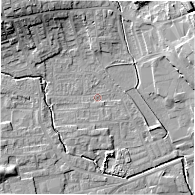 Shaded relief map of the ground around WF29QG, computed from Environment Agency LiDAR. The ground here sits at about 29 m above sea level and falls 20 m across the surrounding 800 m. Surface water reaching this point runs off ground lying to the north-west, 15.3 m higher.
