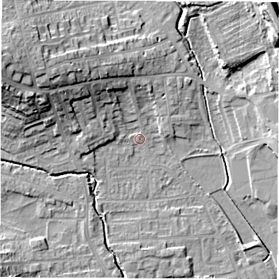 Shaded relief map of the ground around WF29QH, computed from Environment Agency LiDAR. The ground here sits at about 30 m above sea level and falls 21 m across the surrounding 800 m. Surface water reaching this point runs off ground lying to the north-west, 14.5 m higher.
