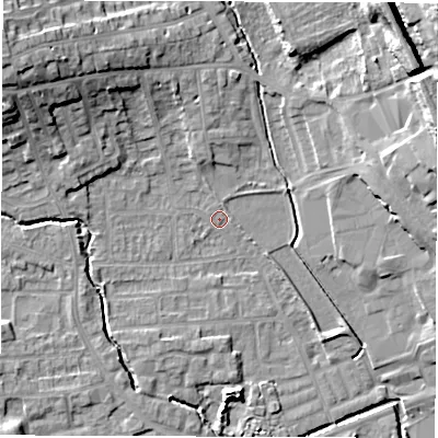 Shaded relief map of the ground around WF29QL, computed from Environment Agency LiDAR. The ground here sits at about 29 m above sea level and falls 21 m across the surrounding 800 m. Surface water reaching this point runs off ground lying to the north-north-west, 8.5 m higher.