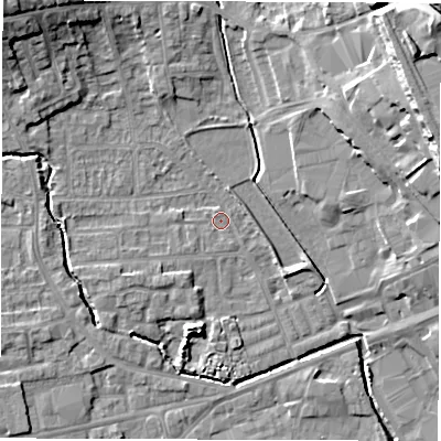 Shaded relief map of the ground around WF29QN, computed from Environment Agency LiDAR. The ground here sits at about 29 m above sea level and falls 26 m across the surrounding 800 m. Surface water reaching this point runs off ground lying to the west-south-west, 1.8 m higher.