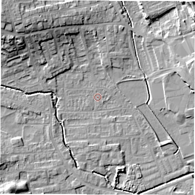Shaded relief map of the ground around WF29QQ, computed from Environment Agency LiDAR. The ground here sits at about 29 m above sea level and falls 20 m across the surrounding 800 m. Surface water reaching this point runs off ground lying to the north-west, 14.9 m higher.