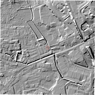 Shaded relief map of the ground around WF29QS, computed from Environment Agency LiDAR. The ground here sits at about 28 m above sea level and falls 28 m across the surrounding 800 m. Surface water reaching this point runs off ground lying to the north, 8.0 m higher.