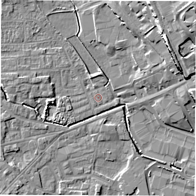 Shaded relief map of the ground around WF29QT, computed from Environment Agency LiDAR. The ground here sits at about 28 m above sea level and falls 24 m across the surrounding 800 m. Surface water reaching this point runs off ground lying to the north-west, 3.5 m higher.