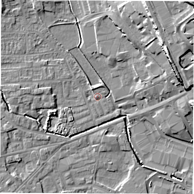 Shaded relief map of the ground around WF29QU, computed from Environment Agency LiDAR. The ground here sits at about 28 m above sea level and falls 26 m across the surrounding 800 m. Surface water reaching this point runs off ground lying to the north-west, 4.7 m higher.
