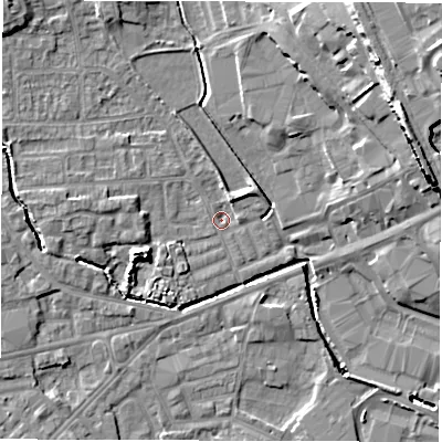 Shaded relief map of the ground around WF29QX, computed from Environment Agency LiDAR. The ground here sits at about 28 m above sea level and falls 21 m across the surrounding 800 m. Surface water reaching this point runs off ground lying to the north-west, 5.8 m higher.