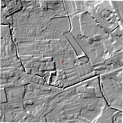 Shaded relief map of the ground around WF29QY, computed from Environment Agency LiDAR. The ground here sits at about 28 m above sea level and falls 19 m across the surrounding 800 m. Surface water reaching this point runs off ground lying to the west, 2.6 m higher.