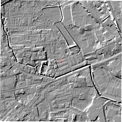 Shaded relief map of the ground around WF29QZ, computed from Environment Agency LiDAR. The ground here sits at about 28 m above sea level and falls 20 m across the surrounding 800 m. Surface water reaching this point runs off ground lying to the west, 4.7 m higher.