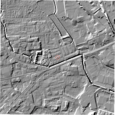 Shaded relief map of the ground around WF29RA, computed from Environment Agency LiDAR. The ground here sits at about 28 m above sea level and falls 20 m across the surrounding 800 m. Surface water reaching this point runs off ground lying to the west-north-west, 1.3 m higher.