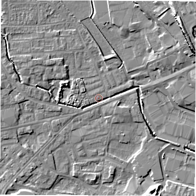 Shaded relief map of the ground around WF29RB, computed from Environment Agency LiDAR. The ground here sits at about 28 m above sea level and falls 20 m across the surrounding 800 m. Surface water reaching this point runs off ground lying to the west-north-west, 5.8 m higher.