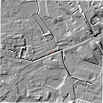 Shaded relief map of the ground around WF29RD, computed from Environment Agency LiDAR. The ground here sits at about 28 m above sea level and falls 24 m across the surrounding 800 m. Surface water reaching this point runs off ground lying to the west, 6.2 m higher.