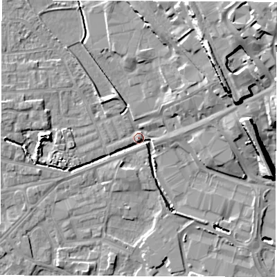 Shaded relief map of the ground around WF29RE, computed from Environment Agency LiDAR. The ground here sits at about 28 m above sea level and falls 28 m across the surrounding 800 m. Surface water reaching this point runs off ground lying to the north-east, 18.4 m higher.