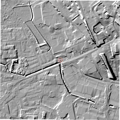 Shaded relief map of the ground around WF29RF, computed from Environment Agency LiDAR. The ground here sits at about 28 m above sea level and falls 30 m across the surrounding 800 m. Surface water reaching this point runs off ground lying to the north-north-east, 18.4 m higher.