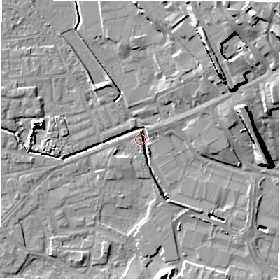 Shaded relief map of the ground around WF29RG, computed from Environment Agency LiDAR. The ground here sits at about 28 m above sea level and falls 27 m across the surrounding 800 m. Surface water reaching this point runs off ground lying to the north-north-east, 18.2 m higher.
