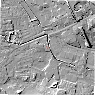 Shaded relief map of the ground around WF29RH, computed from Environment Agency LiDAR. The ground here sits at about 28 m above sea level and falls 24 m across the surrounding 800 m. Surface water reaching this point runs off ground lying to the north-north-east, 18.6 m higher.