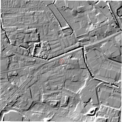 Shaded relief map of the ground around WF29RL, computed from Environment Agency LiDAR. The ground here sits at about 28 m above sea level and falls 20 m across the surrounding 800 m. Surface water reaching this point runs off ground lying to the east, 2.0 m higher.