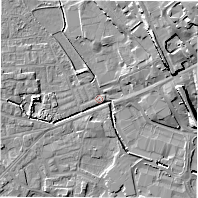 Shaded relief map of the ground around WF29RP, computed from Environment Agency LiDAR. The ground here sits at about 28 m above sea level and falls 26 m across the surrounding 800 m. Surface water reaching this point runs off ground lying to the north-east, 18.4 m higher.