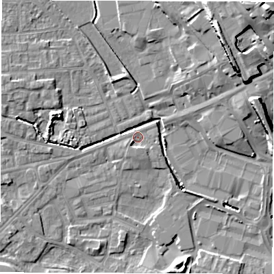 Shaded relief map of the ground around WF29RQ, computed from Environment Agency LiDAR. The ground here sits at about 28 m above sea level and falls 24 m across the surrounding 800 m. Surface water reaching this point runs off ground lying to the south, 1.8 m higher.