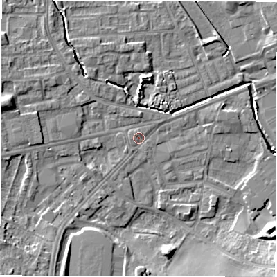 Shaded relief map of the ground around WF29RW, computed from Environment Agency LiDAR. The ground here sits at about 28 m above sea level and falls 12 m across the surrounding 800 m. Surface water reaching this point runs off ground lying to the west, 0.8 m higher.