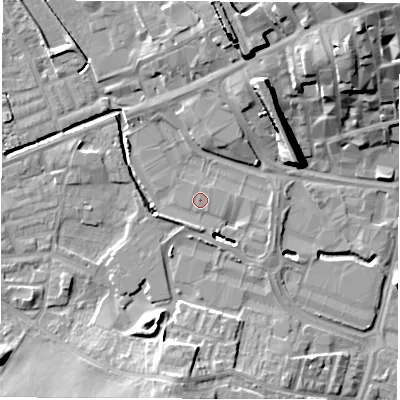 Shaded relief map of the ground around WF29SD, computed from Environment Agency LiDAR. The ground here sits at about 27 m above sea level and falls 23 m across the surrounding 800 m. The ground contributing surface water to this point lies to the south-east.