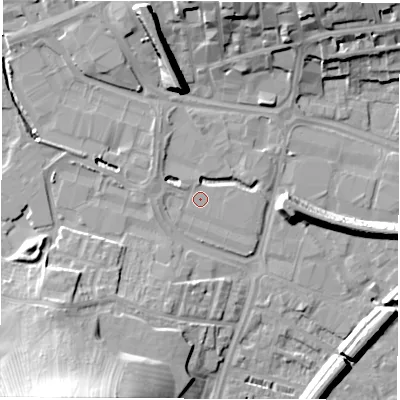 Shaded relief map of the ground around WF29SE, computed from Environment Agency LiDAR. The ground here sits at about 26 m above sea level and falls 25 m across the surrounding 800 m. Surface water reaching this point runs off ground lying to the west-north-west, 1.6 m higher.