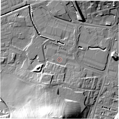 Shaded relief map of the ground around WF29SH, computed from Environment Agency LiDAR. The ground here sits at about 27 m above sea level and falls 30 m across the surrounding 800 m. The ground contributing surface water to this point lies to the south-south-east.