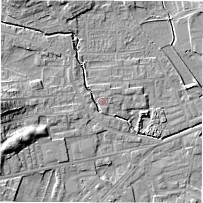 Shaded relief map of the ground around WF29SL, computed from Environment Agency LiDAR. The ground here sits at about 30 m above sea level and falls 14 m across the surrounding 800 m. Surface water reaching this point runs off ground lying to the north-north-west, 8.0 m higher.