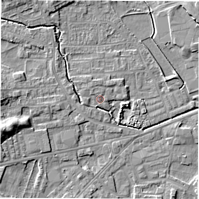 Shaded relief map of the ground around WF29SN, computed from Environment Agency LiDAR. The ground here sits at about 30 m above sea level and falls 10 m across the surrounding 800 m. Surface water reaching this point runs off ground lying to the north-west, 1.5 m higher.