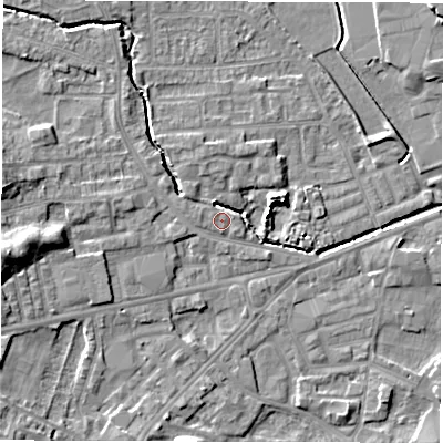 Shaded relief map of the ground around WF29SP, computed from Environment Agency LiDAR. The ground here sits at about 29 m above sea level and falls 10 m across the surrounding 800 m. Surface water reaching this point runs off ground lying to the north-west, 3.7 m higher.