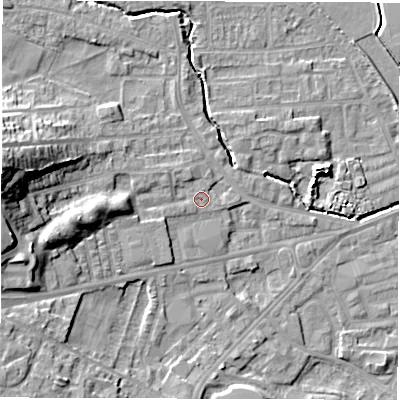 Shaded relief map of the ground around WF29SY, computed from Environment Agency LiDAR. The ground here sits at about 29 m above sea level and falls 21 m across the surrounding 800 m. Surface water reaching this point runs off ground lying to the west, 17.6 m higher.