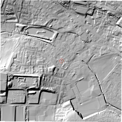 Shaded relief map of the ground around WF29TA, computed from Environment Agency LiDAR. The ground here sits at about 38 m above sea level and falls 29 m across the surrounding 800 m. Surface water reaching this point runs off ground lying to the west-south-west, 20.5 m higher.