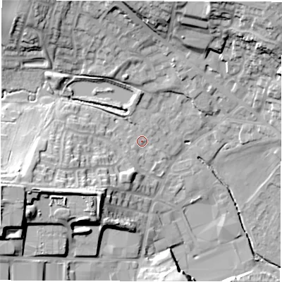 Shaded relief map of the ground around WF29TD, computed from Environment Agency LiDAR. The ground here sits at about 38 m above sea level and falls 30 m across the surrounding 800 m. Surface water reaching this point runs off ground lying to the west-south-west, 21.3 m higher.