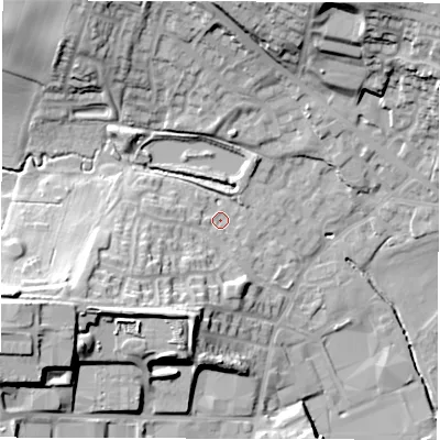 Shaded relief map of the ground around WF29TF, computed from Environment Agency LiDAR. The ground here sits at about 39 m above sea level and falls 31 m across the surrounding 800 m. Surface water reaching this point runs off ground lying to the west-south-west, 11.0 m higher.