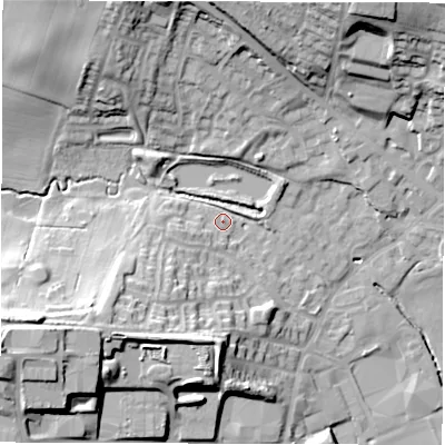 Shaded relief map of the ground around WF29TG, computed from Environment Agency LiDAR. The ground here sits at about 39 m above sea level and falls 34 m across the surrounding 800 m. Surface water reaching this point runs off ground lying to the west-south-west, 26.8 m higher.