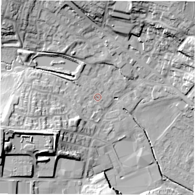 Shaded relief map of the ground around WF29UB, computed from Environment Agency LiDAR. The ground here sits at about 38 m above sea level and falls 31 m across the surrounding 800 m. Surface water reaching this point runs off ground lying to the west-south-west, 21.3 m higher.