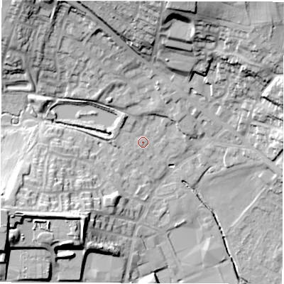 Shaded relief map of the ground around WF29UE, computed from Environment Agency LiDAR. The ground here sits at about 39 m above sea level and falls 35 m across the surrounding 800 m. Surface water reaching this point runs off ground lying to the north-north-east, 29.1 m higher.