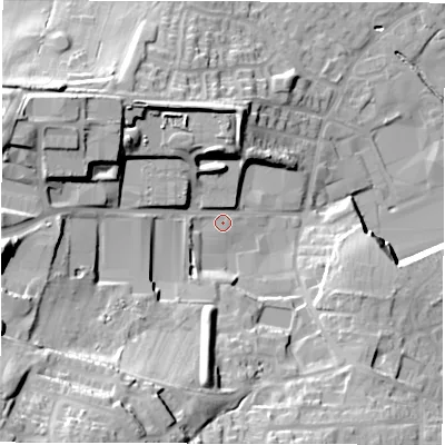 Shaded relief map of the ground around WF29UZ, computed from Environment Agency LiDAR. The ground here sits at about 43 m above sea level and falls 40 m across the surrounding 800 m. Surface water reaching this point runs off ground lying to the south-west, 31.3 m higher.