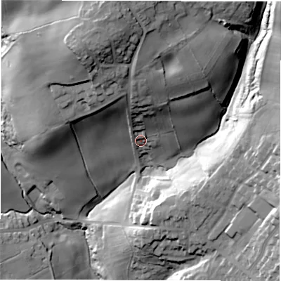 Shaded relief map of the ground around WF31DF, computed from Environment Agency LiDAR. The ground here sits at about 93 m above sea level and falls 47 m across the surrounding 800 m. Surface water reaching this point runs off ground lying to the north, 23.8 m higher.