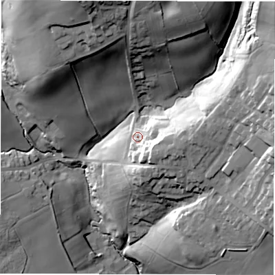 Shaded relief map of the ground around WF31DG, computed from Environment Agency LiDAR. The ground here sits at about 92 m above sea level and falls 48 m across the surrounding 800 m. Surface water reaching this point runs off ground lying to the east-south-east, 15.8 m higher.