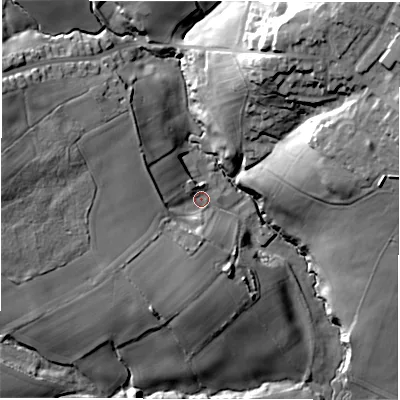 Shaded relief map of the ground around WF31DP, computed from Environment Agency LiDAR. The ground here sits at about 77 m above sea level and falls 39 m across the surrounding 800 m. Surface water reaching this point runs off ground lying to the west-north-west, 13.6 m higher.