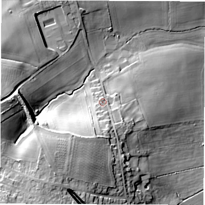 Shaded relief map of the ground around WF33QR, computed from Environment Agency LiDAR. The ground here sits at about 57 m above sea level and falls 36 m across the surrounding 800 m. Surface water reaching this point runs off ground lying to the south, 13.6 m higher.