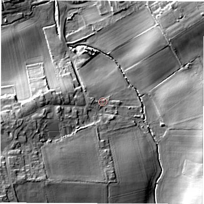 Shaded relief map of the ground around WF33RS, computed from Environment Agency LiDAR. The ground here sits at about 43 m above sea level and falls 22 m across the surrounding 800 m. Surface water reaching this point runs off ground lying to the south-west, 14.2 m higher.