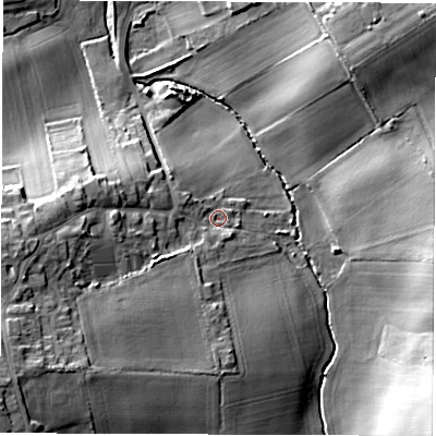 Shaded relief map of the ground around WF33RT, computed from Environment Agency LiDAR. The ground here sits at about 43 m above sea level and falls 21 m across the surrounding 800 m. Surface water reaching this point runs off ground lying to the south-west, 14.2 m higher.
