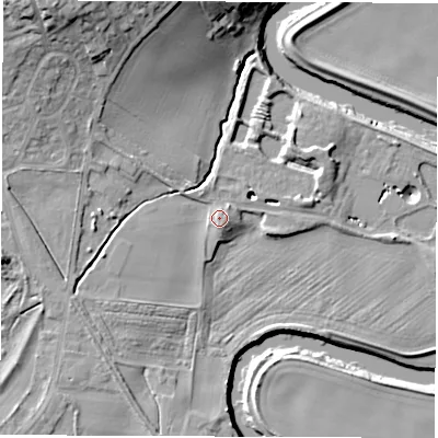 Shaded relief map of the ground around WF34AB, computed from Environment Agency LiDAR. The ground here sits at about 21 m above sea level and falls 23 m across the surrounding 800 m. Surface water reaching this point runs off ground lying to the north-west, 17.7 m higher.