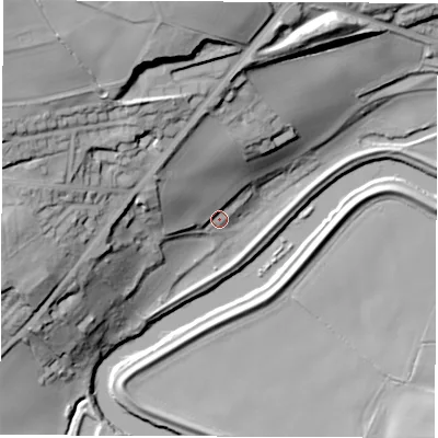 Shaded relief map of the ground around WF34AE, computed from Environment Agency LiDAR. The ground here sits at about 20 m above sea level and falls 46 m across the surrounding 800 m. Surface water reaching this point runs off ground lying to the north-west, 18.5 m higher.