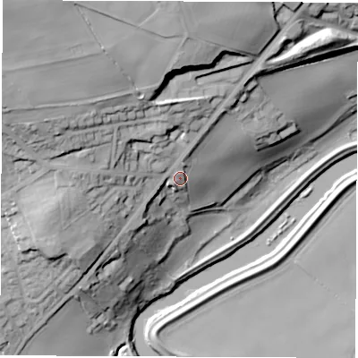 Shaded relief map of the ground around WF34AF, computed from Environment Agency LiDAR. The ground here sits at about 34 m above sea level and falls 52 m across the surrounding 800 m. Surface water reaching this point runs off ground lying to the north, 4.4 m higher.
