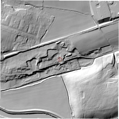 Shaded relief map of the ground around WF34AX, computed from Environment Agency LiDAR. The ground here sits at about 23 m above sea level and falls 31 m across the surrounding 800 m. Surface water reaching this point runs off ground lying to the north-west, 4.8 m higher.