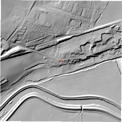 Shaded relief map of the ground around WF34AY, computed from Environment Agency LiDAR. The ground here sits at about 23 m above sea level and falls 42 m across the surrounding 800 m. Surface water reaching this point runs off ground lying to the north-north-east, 6.7 m higher.