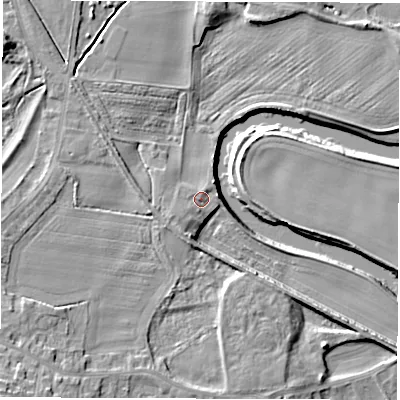 Shaded relief map of the ground around WF34DE, computed from Environment Agency LiDAR. The ground here sits at about 20 m above sea level and falls 14 m across the surrounding 800 m. Surface water reaching this point runs off ground lying to the west-south-west, 1.9 m higher.